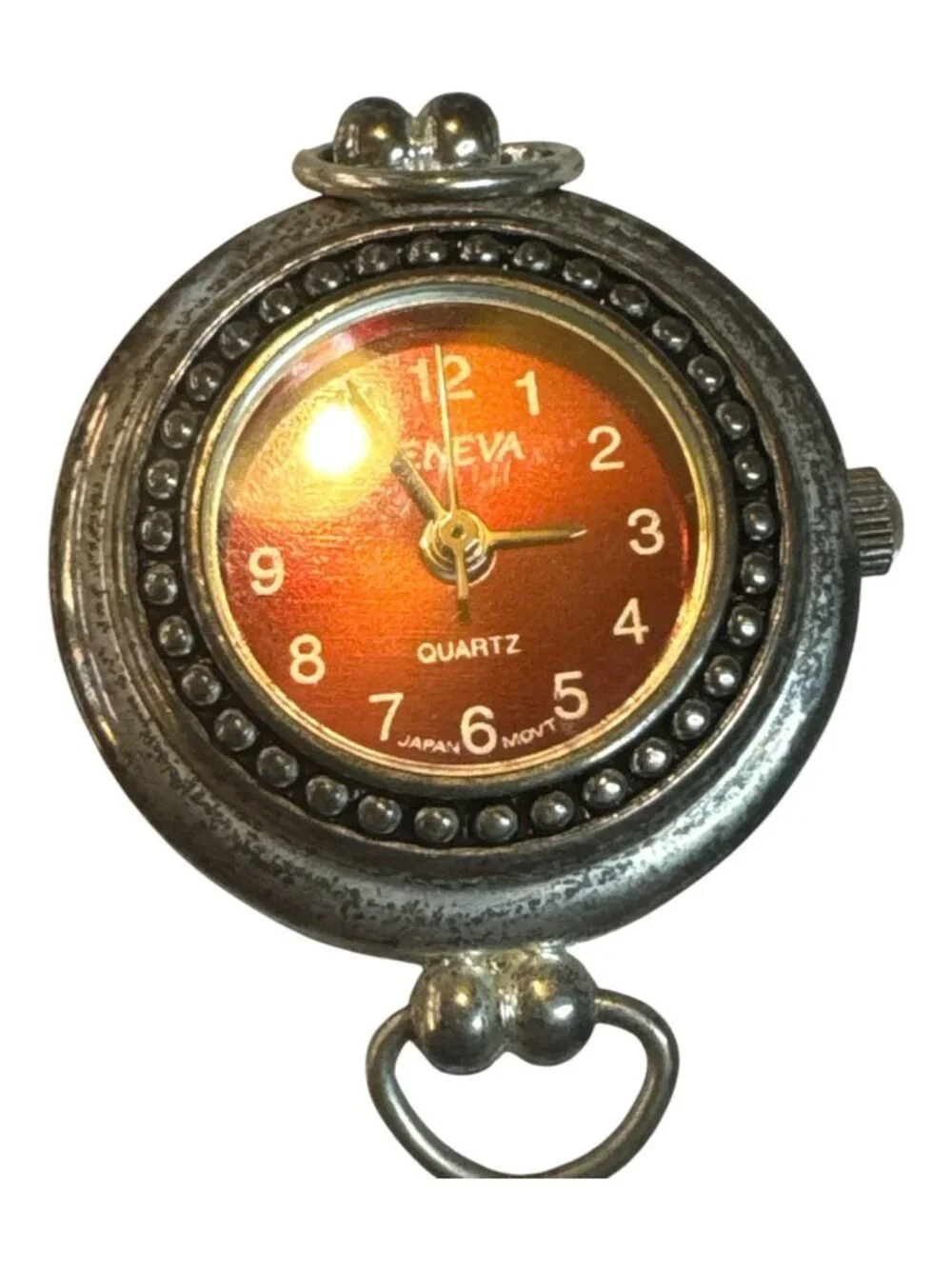 Geneva Red Quartz Pocket Watch Pendant With Stainless Steel Back & Vintage Silve